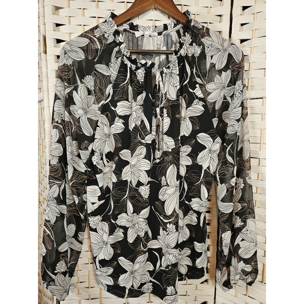 Beacon Apparel Womens XL Blouse Floral Black/White Bloomcore Work